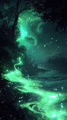 A mystical landscape featuring glowing green elements and a serene river, perfect for enchanting and magical themes.