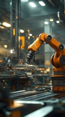 A robotic arm in an industrial factory is operating on the production line, creating a high-tech and futuristic atmosphere.