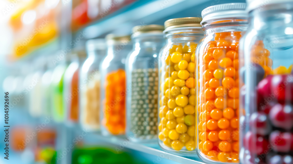 Poster various jars filled with vibrant beads in different colors are neatly arranged on a shelf, showcasin