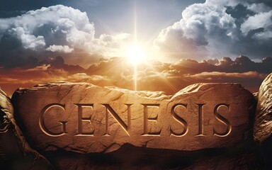 An epic cinematic presentation of the Bible with the name Genesis carved into ancient stone, illuminated by a radiant sunrise breaking through the clouds