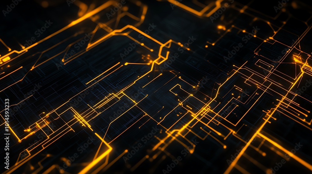 Poster abstract digital circuit board with glowing orange lines on a black background.