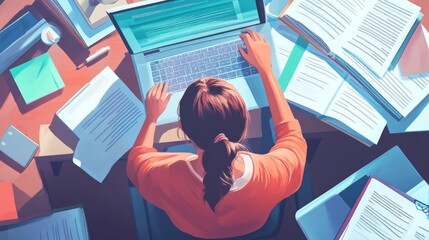 A focused student studies using digital textbooks on a computer, highlighting the shift to online education.