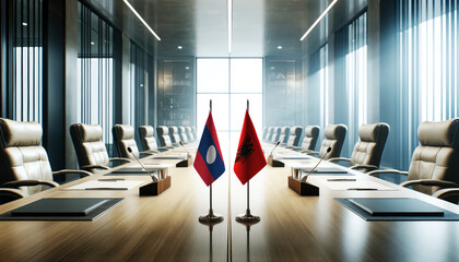 A modern conference room with Laos and Albania flags on a long table, symbolizing a bilateral meeting or diplomatic discussions between the two nations.