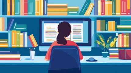 A focused student studies using digital textbooks on a computer, highlighting the shift to online education.