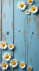 Obraz premium Collection of White and Yellow Daisies With Various Sizes Scattered Across a Rustic Blue Wooden Background