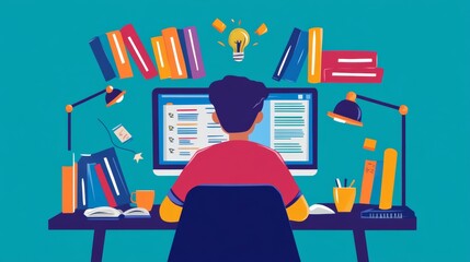 A focused student studies using digital textbooks on a computer, highlighting the shift to online education.