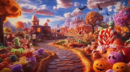 A vibrant 3D landscape made entirely of candy