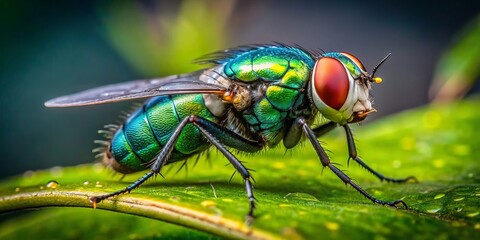 Naklejka premium This stunning macro shot captures a housefly resting on a lush green leaf, highlighting nature's complexities with