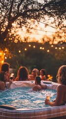 Obraz premium A relaxing evening in a hot tub surrounded by friends, illuminated by warm string lights at sunset, perfect for leisure and bonding.