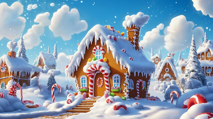 A charming gingerbread house decorated with icing, candy canes, and gumdrops, surrounded by a snowy landscape, American cartoon style 