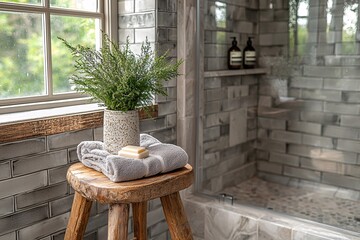 Modern Gray Tiled Bathroom with Wood Accent