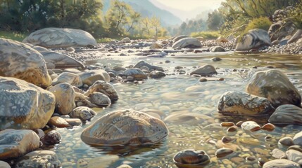 Fototapeta premium A Clear Mountain Stream Flowing Through Smooth River Rocks
