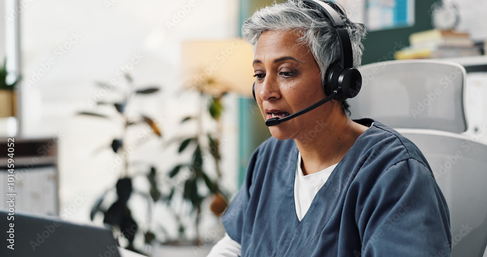 Sticker Healthcare, laptop and doctor talking for telehealth consulting, medical service and online diagnosis. Hospital, digital support and mature woman with headset call for results, insurance and wellness