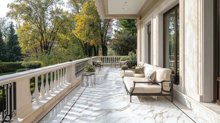 Fototapeta premium A serene balcony with elegant furniture, overlooking a lush garden, perfect for relaxation and enjoying nature's beauty.
