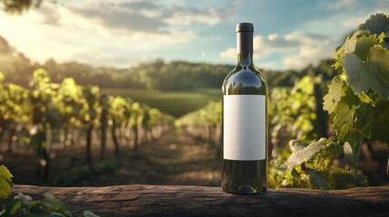 Fototapeta premium Wine Bottle on Wooden Log with Vineyard Background.