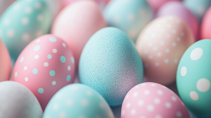 Fototapeta premium A collection of pastel-colored Easter eggs with polka dots, symbolizing spring festivities.