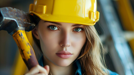 Closeup portrait of beautiful young woman holding a hammer, wearing yellow hardhat or helmet. Female engineer or construction worker, professional industrial builder equipment, girl, occupation