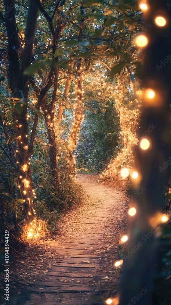 Poster a serene forest path illuminated by enchanting string lights, creating a magical and inviting atmosp