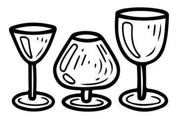 Wine glass set hand drawn doodle. Glass glass for champagne, martini, cognac. Drinkware alcoholic cocktails. Festive tableware. Kitchenware. Dining table setting. Vector sketch line art illustration.