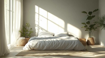 A minimalist bedroom with white walls and a window, showcasing a platform bed and soft natural light for a calming vibe.