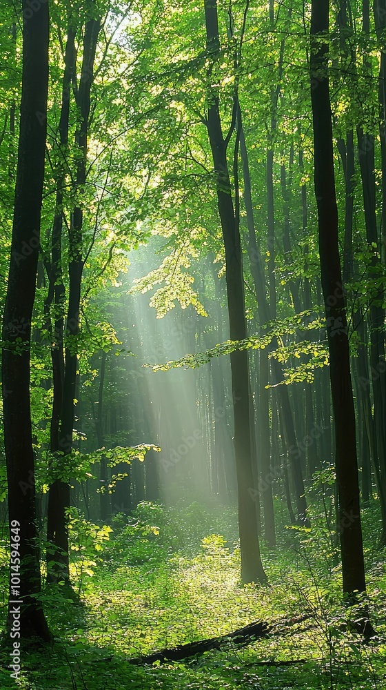 Poster a serene forest scene with sunlight filtering through lush green trees, creating a peaceful and tran