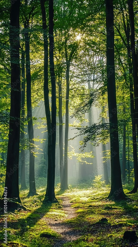 Poster a serene forest scene with sunlight streaming through tall trees, creating a peaceful atmosphere and