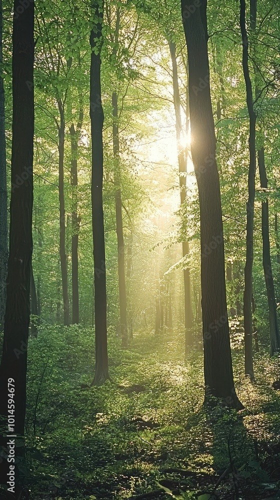 Poster a serene forest scene with sunlight filtering through lush green trees, creating a tranquil and peac