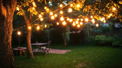A serene garden at dusk, adorned with glowing string lights, creating a warm and inviting atmosphere for outdoor gatherings.
