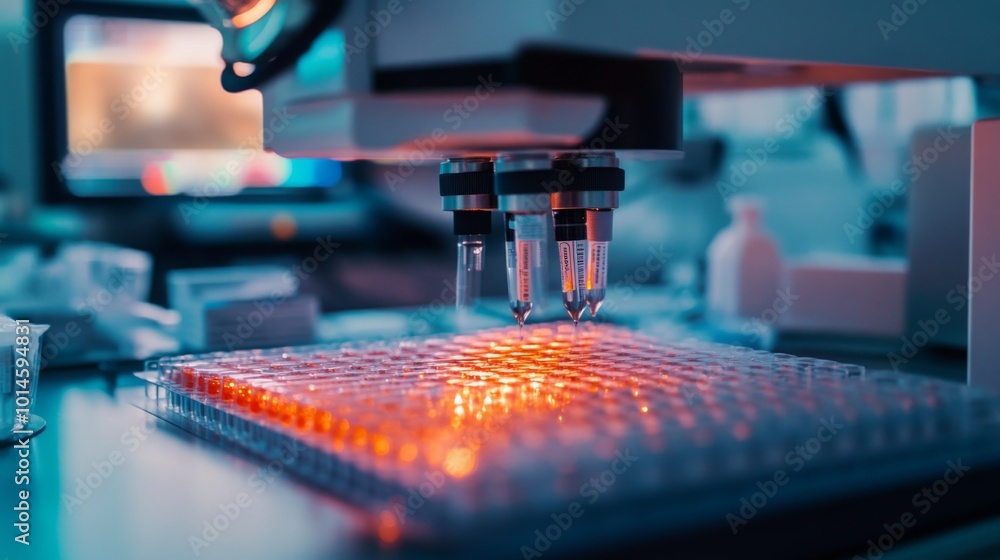 Fototapete two precise syringes dispense liquid into a multi-well plate under a bright examination light in a h