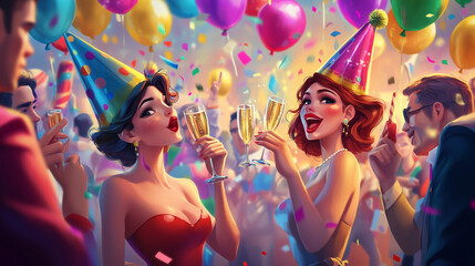 Obraz premium A lively New Year's party with people wearing party hats, blowing noisemakers, and holding champagne glasses, with colorful balloons and decorations in the background, American cartoon style