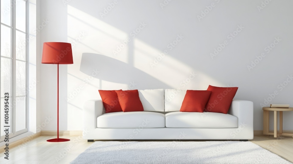 Poster a cozy living area features a white sofa adorned with red pillows. a floor lamp stands nearby, casti
