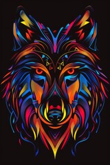 Minimalist wolf head with bright tribal designs.