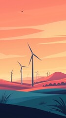 Obraz premium A serene landscape featuring wind turbines against a vibrant sunset sky, symbolizing renewable energy and sustainability.