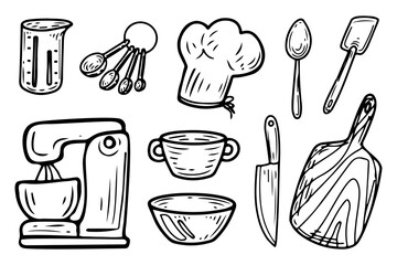Set of pastry utensils hand drawn doodle. Cookware for baking. Mixer, bowl, knife, board, measuring tools. Tableware. Kitchenware. Vector sketch line art illustration.