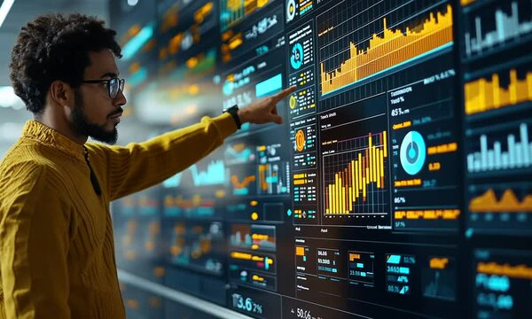 Man Analyzing Data on Digital Screen