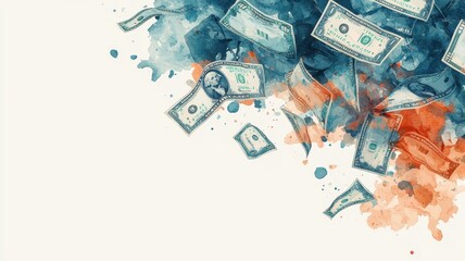 Currency Crisis - Business Struggles with Risk Icons and Failure Points in Watercolor Splashes, Copy Space Available