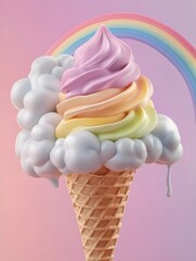 Whimsical 3D Clay of a Colorful Ice Cream Cone with Vanilla  Rainbow  and Fluffy Clouds