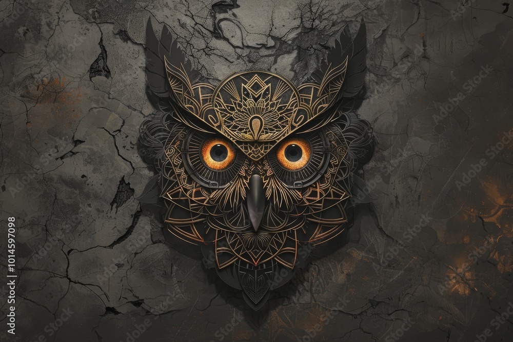 Poster owl head adorned with intricate tribal patterns in copy space.