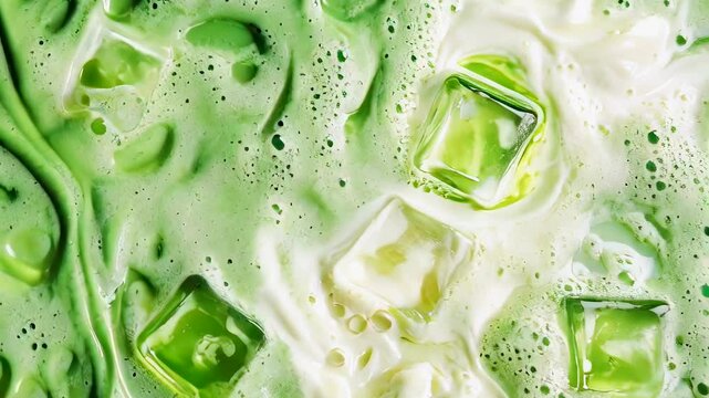 Closeup image of foamy matcha green tea with ice cubes.