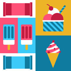 Sweet and colorful ice cream flat art illustration. Such as popsicle and ice cream cone. Brighten up your day with some sweets.