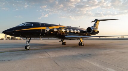 A sleek black and yellow private jet parked on a runway, highlighting luxury travel and aviation elegance against a serene sky.