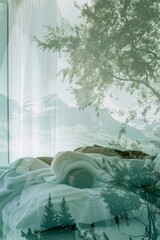 Peaceful spa environment overlaid with serene landscape imagery in double exposure.