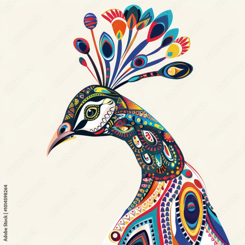Poster peacock head adorned with colorful tribal patterns in copy space.