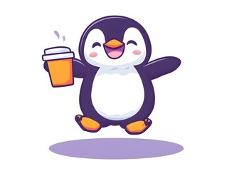 Fototapeta premium Energetic Penguin Mascot Holding Cup in Flat Cartoon Style on White Background