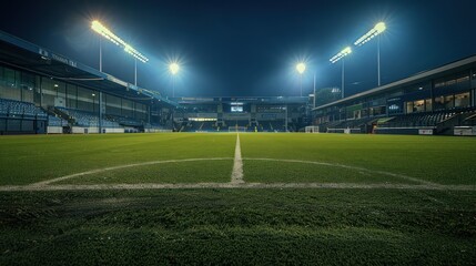 Fototapeta premium Empty Football Field Lit Up at Night Under Floodlights