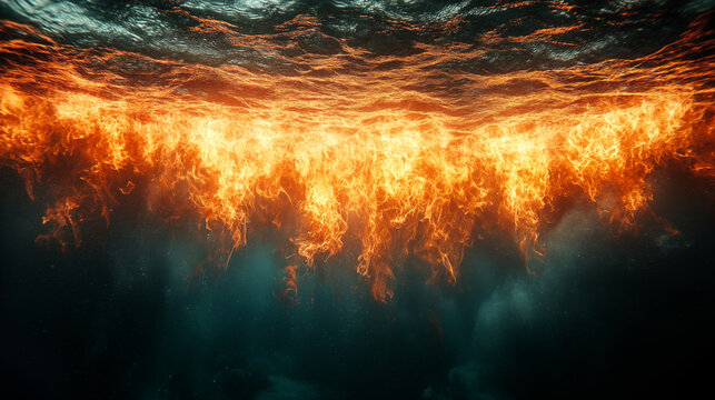 Underwater fire and water abstract, flames beneath ocean surface