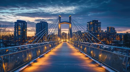 Fototapeta premium A stunning twilight view of a modern bridge illuminated against a colorful sky, showcasing urban architecture and serenity.