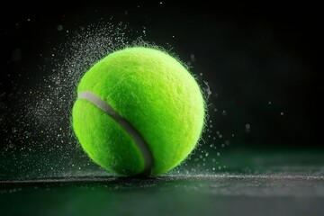 A close-up shot of a tennis ball bouncing on a court, with dust particles flying around it, capturing the dynamic motion and energy of the ball in mid-bounce against a dark background