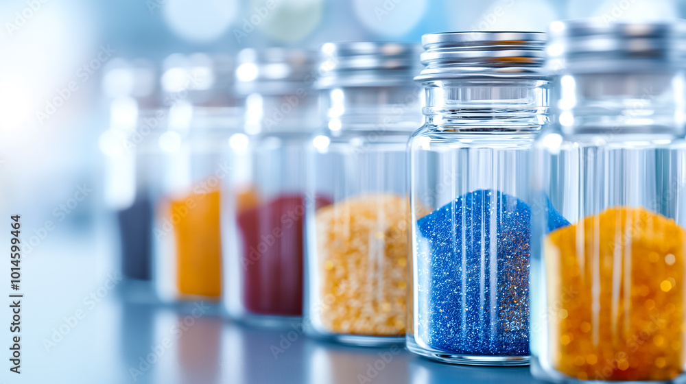 Poster a series of transparent jars containing vibrant, colored granules are neatly lined up on a reflectiv