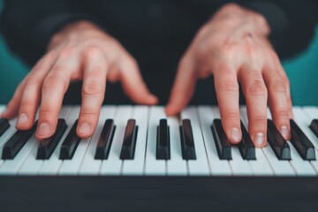Fototapeta premium hand playing a keyboard piano, showcasing precise finger movements and musical focus during a performance or practice session.